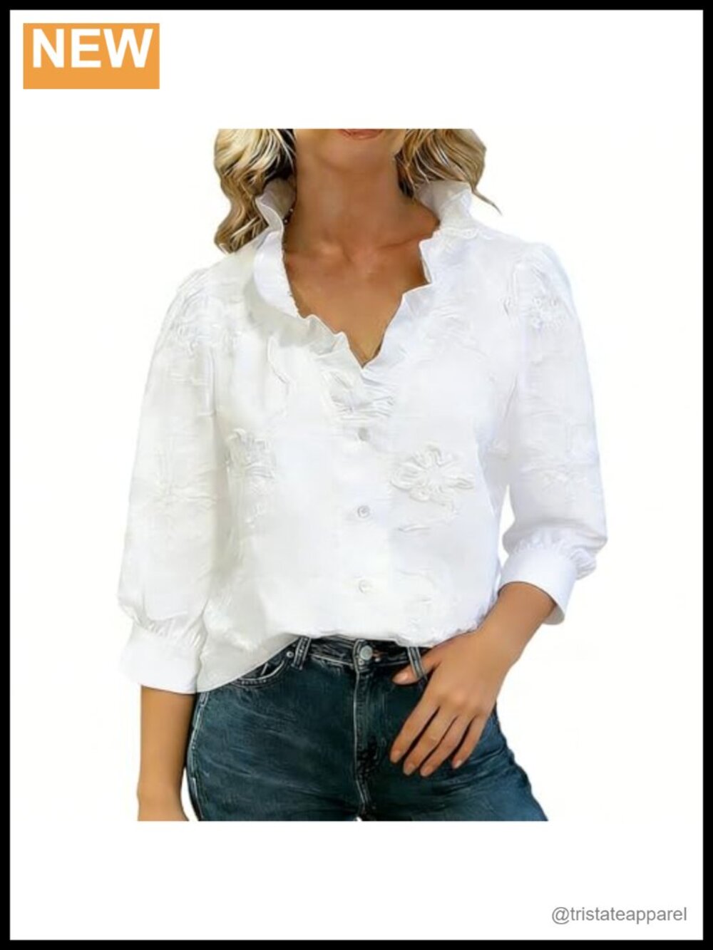 Women Floral Embroidered Ruffle Collar Blouse Cotton Puff Sleeve Top